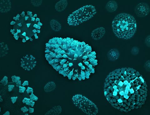 3D illustration of virus particles on a dark teal background